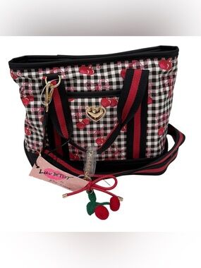 LUV Betsey by Betsey Johnson checkered tote bag womens cherry print NWT